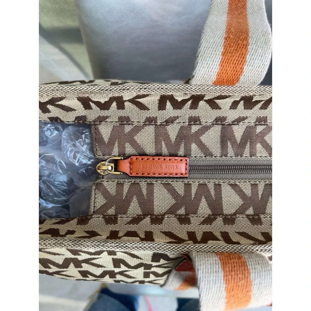 Michael Kors Large Monogram Tote Bag Brown Orange Stripe Jacquard Travel Bag